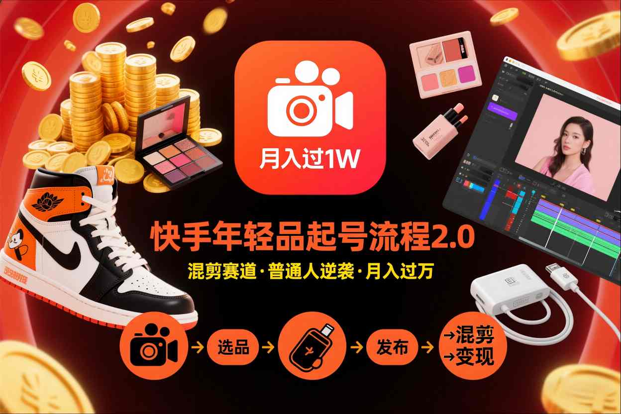 快手短视频带货年轻品起号流程2.0，快手年轻品混剪赛道，普通人也能月入过1W