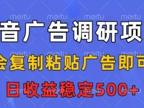 抖音广告调研项目，会复制粘贴广告即可，任务没有上限，日收益稳定5张【揭秘】