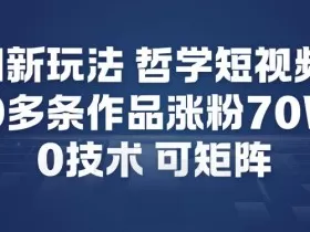AI新玩法哲学短视频制作教学，20多条作品涨粉70W，0成本赛道，可矩阵
