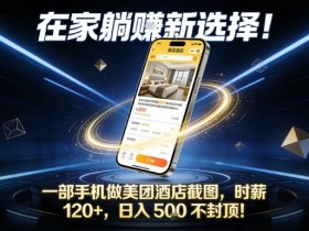 在家躺賺新选择，一部手机做美团酒店截图，时薪120+，日入5张不封顶【揭秘】