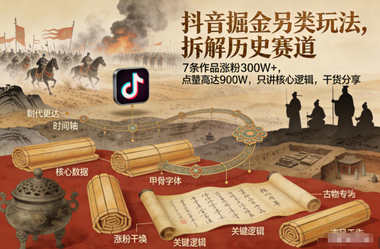 抖音掘金另类玩法,拆解历史赛道,7条作品涨粉300W+,点赞量高达900W,只讲核心逻辑,干货分享