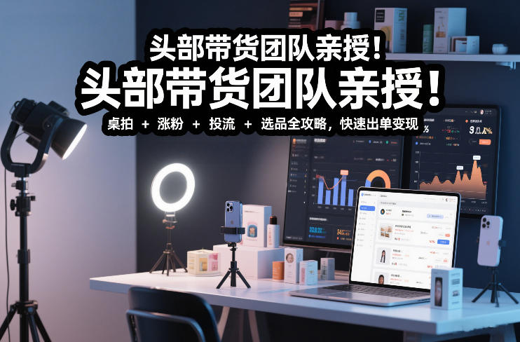 头部带货团队亲授!专业短视频实拍带货课:桌拍+涨粉+投流+选品全攻略,快速出单变现,月入2w+