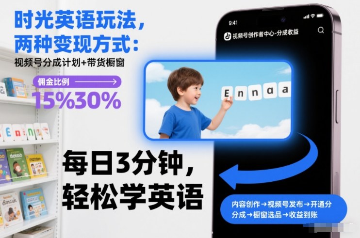 时光英语玩法,两种变现方式:视频号分成计划+带货橱窗