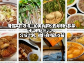 抖音某百万博主的美食解说视频制作教学，可以做伙伴计划，分成计划，撸抖音精选收益