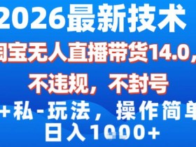 2026最新技术，淘宝无人直播带货14.0，不封号，不违规，公+私玩法，操作简单，日入1k【揭秘】
