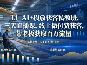 工厂AI+投放获客私教班，三天直播课，线上微付费获客，帮老板获取百万流量