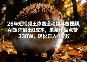 26年短视频王炸赛道动物科普视频，AI矩阵输出0成本，单条作品点赞330W，轻松日入4位数
