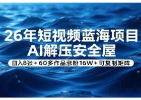 26年短视频蓝海项目,AI解压安全屋,日入8张+60多作品涨粉16W+可复制矩阵