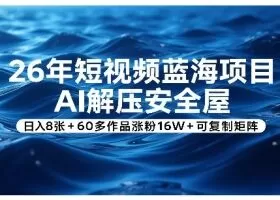26年短视频蓝海项目，AI解压安全屋，日入8张+60多作品涨粉16W+可复制矩阵