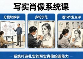 写实肖像系统课，全程分模块教学+多轮示范+逐节作业点评，系统打造扎实的写实肖像绘画能力
