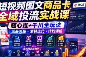 短视频图文商品卡全域投流实战课，随心推+千川全玩法，选品测品,素材迭…