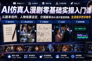 AI仿真人漫剧零基础实操入门课，从剧本创作、人物场景设定、分镜脚本到…
