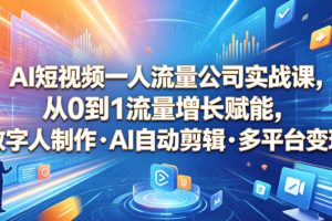 AI短视频一人流量公司实战课，从0到1流量增长赋能，数字人制作?AI自动…