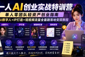 一人AI创业实战特训营,单人零团队轻资产创业指南,AI数字人+IP打造+短…