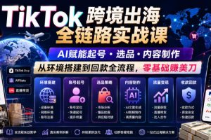 TikTok跨境出海全链路实战课，AI赋能起号·选品·内容制作，从环境搭建…