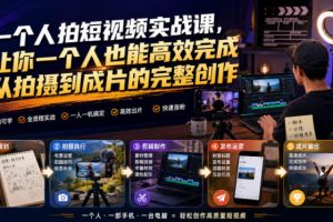 一个人拍短视频实战课，让你一个人也能高效完成从拍摄到成片的完整创作…