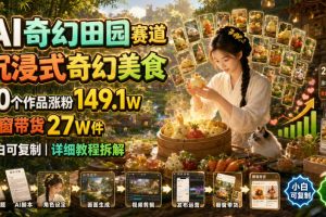 AI奇幻田园赛道，沉浸式奇幻美食，20个作品涨粉149.1W，橱窗带货27W件…