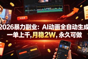 2026暴力副业:AI动画全自动生成,一单上千,月稳2W,永久可做【揭秘】…