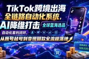 TikTok跨境出海全链路自动化系统，AI降维打击全球蓝海选品自动化套利闭…