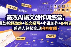 高效AI爆文创作训练营，爆款拆解改编+长文撰写+小说创作+IP打造，普通…