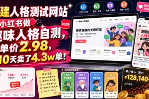 搭建人格测试网站在小红书做趣味人格自测，客单价2.98，310天卖了4.3w…