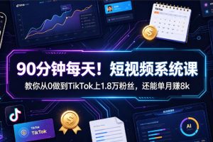 90分钟每天！短视频系统课教你从0做到TikTok上1.8万粉丝，还能单月賺8…