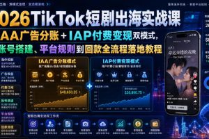 2026TikTok短剧出海实战课｜IAA广告分账+IAP付费变现双模式，从账号搭…