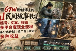 抖音67W粉丝博主的AI民间故事教学，从起号、文案、剪辑到多平台变现全…