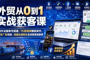 外贸从0到1实战获客课｜海外设备账号搭建、TK短视频爆款制作、FB广告投…