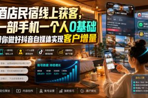 酒店民宿线上获客,一部手机一个人0基础带你做好抖音自媒体实现客户增…