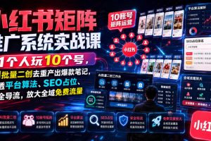小红书矩阵推广系统实战课｜1个人玩10个号，AI批量二创去重产出爆款笔…