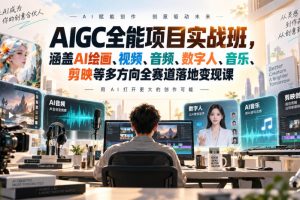 AIGC全能项目实战班，涵盖AI绘画、视频、音频、数字人、音乐、剪映等多…