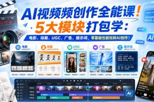 AI视频频创作全能课！5大模块打包学：电影、动画、UGC、广告、提示词，…