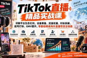 TikTok直播精品实战课，详解平台生态红利、设备筹备、流量权重、对标拆…