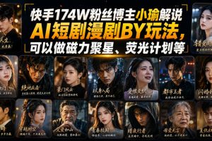 快手174W粉丝博主小瑜解说AI短剧漫剧搬运玩法，可以做磁力聚星、荧光计…