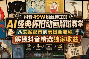 抖音49W粉丝博主的AI经典怀旧动画解说教学，从文案配音到剪辑全流程，…