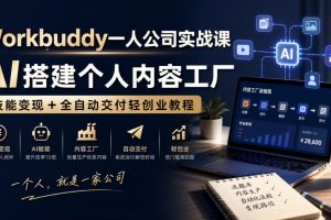 Workbuddy一人公司实战课，AI搭建个人内容工厂，技能变现+全自动交付轻…