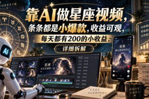 靠AI做星座视频，条条都是小爆款，收益可观，每天都有200的小收益，详…