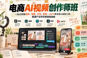 电商AI视频创作师班，一站式掌握剪映、海螺、可灵、即梦、LibTV等多款…