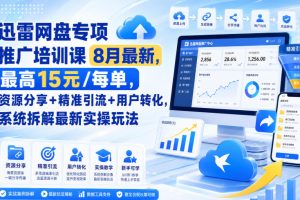 迅雷网盘专项推广培训课8月最新，最高15米/每单，资源分享+精准引流+用…