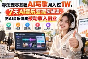 零乐理零基础AI写歌月入过1W，7天AI音乐变现实战课，把AI音乐做成被动…