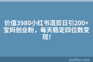 价值3980小红书混剪日引200+宝妈创业粉，每天稳定四位数变现！
