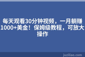 每天观看30分钟视频，一月躺赚1000+美金！保姆级教程，可放大操作