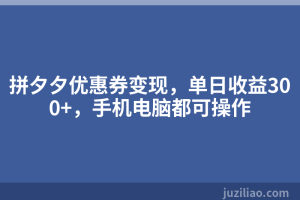 拼夕夕优惠券变现，单日收益300+，手机电脑都可操作