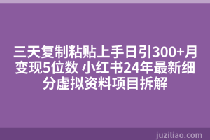 三天复制粘贴上手日引300+月变现5位数 小红书24年最新细分虚拟资料项目拆解
