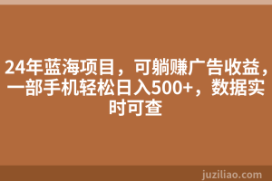 24年蓝海项目，可躺赚广告收益，一部手机轻松日入500+，数据实时可查