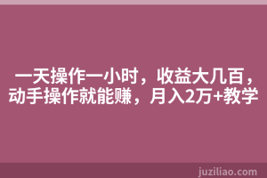 一天操作一小时，收益大几百，动手操作就能赚，月入2万+教学