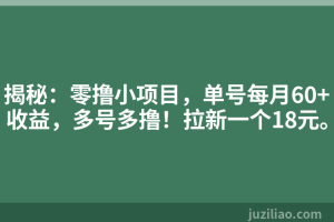 揭秘：零撸小项目，单号每月60+收益，多号多撸！拉新一个18元。