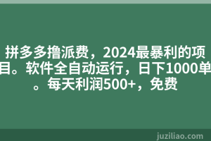 拼多多撸派费，2024最暴利的项目。软件全自动运行，日下1000单。每天利润500+，免费