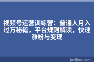 视频号运营训练营：普通人月入过万秘籍，平台规则解读，快速涨粉与变现